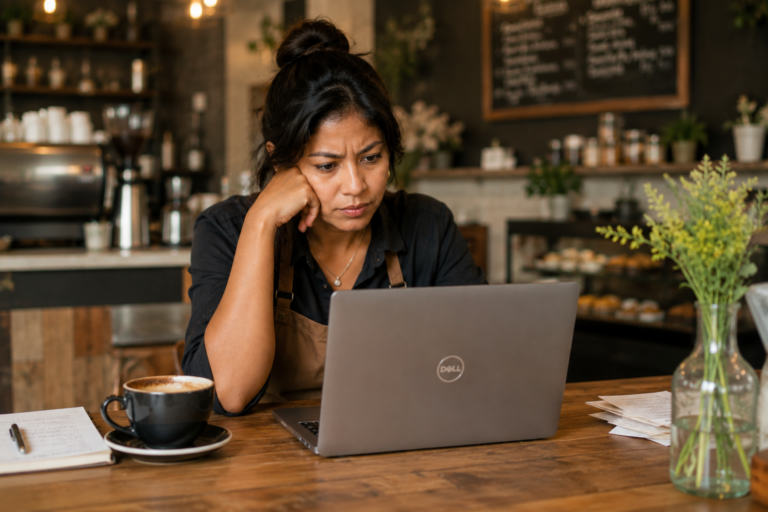 Small business coffee shop owner sitting at a wooden table looking frustrated while working on a Dell laptop in a cozy café. Warm natural light, coffee cup, flowers, and soft blurred café background create an inviting editorial-style scene.